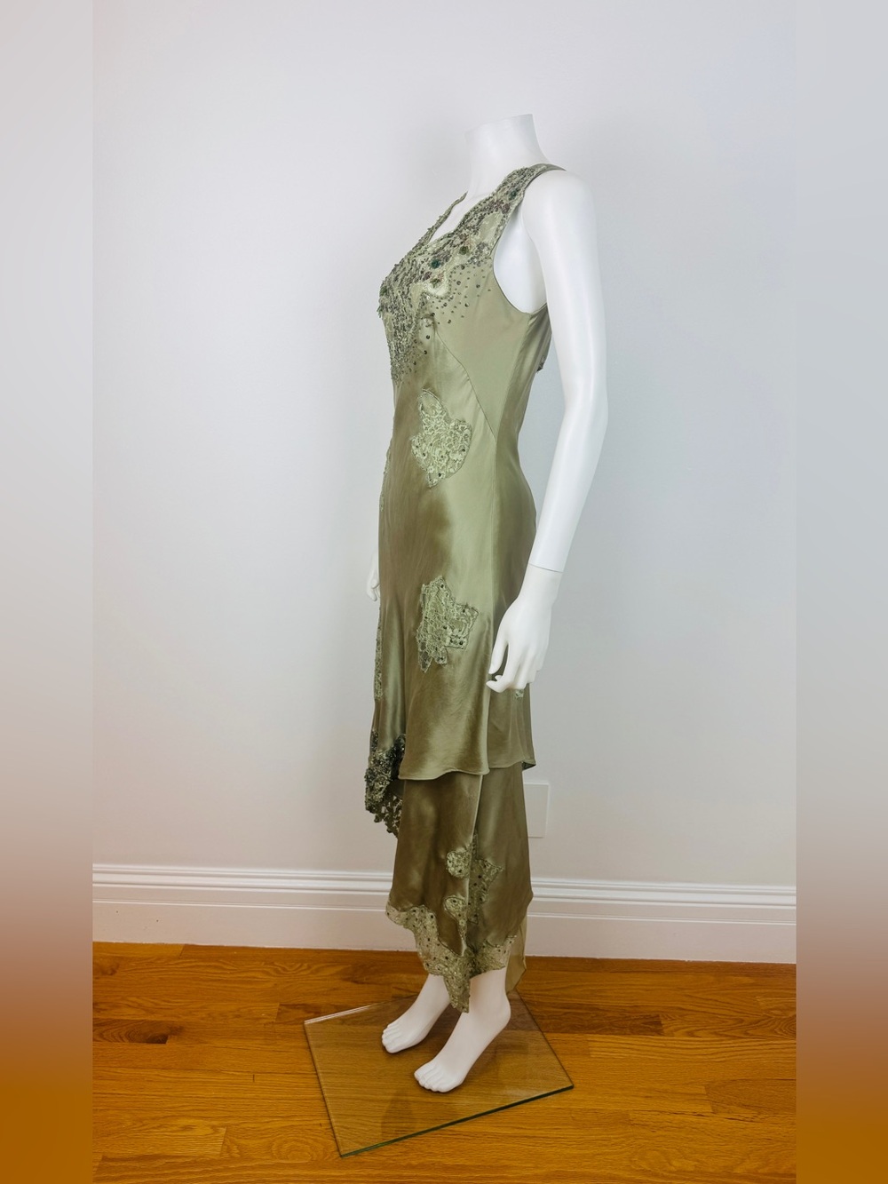 Vintage Alberto Makali Green Silk Beaded Sequin Lace Fairy Dress - Picture 8 of 12